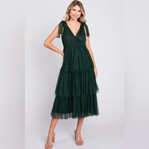 Pink Blush Forest Green Sleeveless Tiered Tulle Tie Strap Dress
